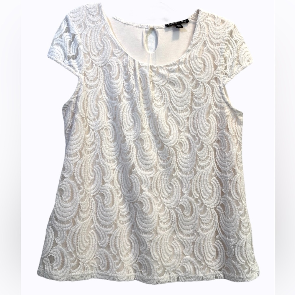 Color Fx Cap Sleeve Lined Crocheted Lace Ivory Blouse Size Med /Lg